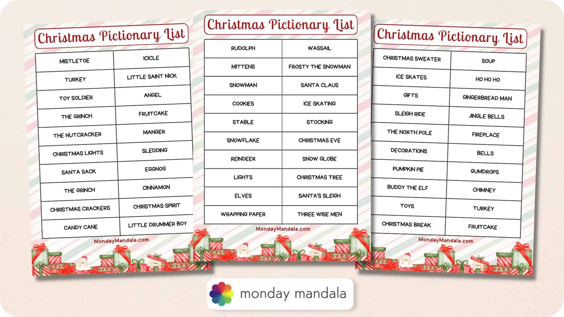 christmas pictionary lists (free pdf printables)